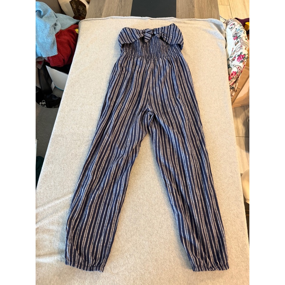 Aerie Strapless Striped Jumpsuit Women Medium Navy Blue Smocked Tie Front Jogger